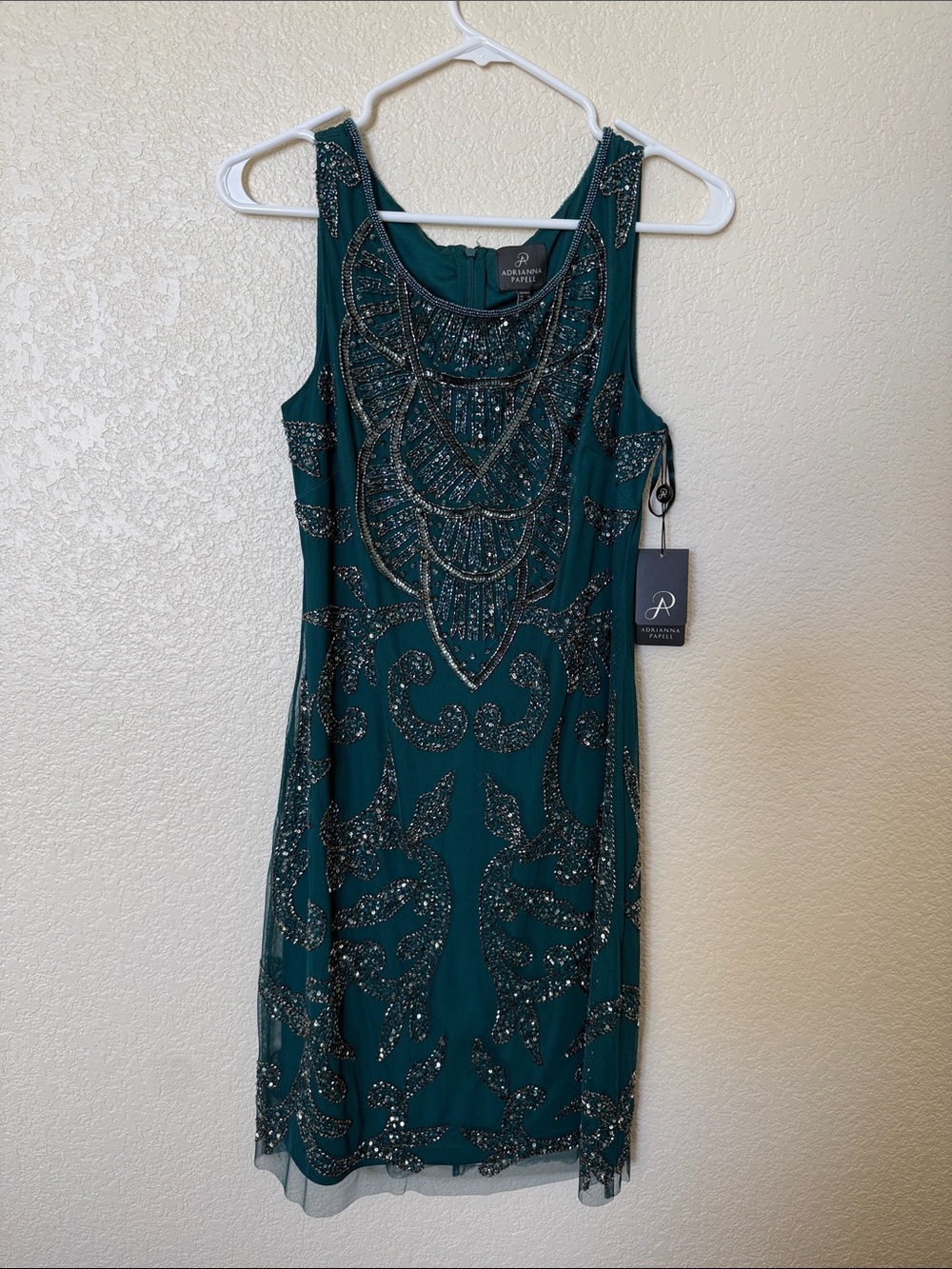 Adrianna Papell Teal Green Beaded Sleeveless Cocktail Dress